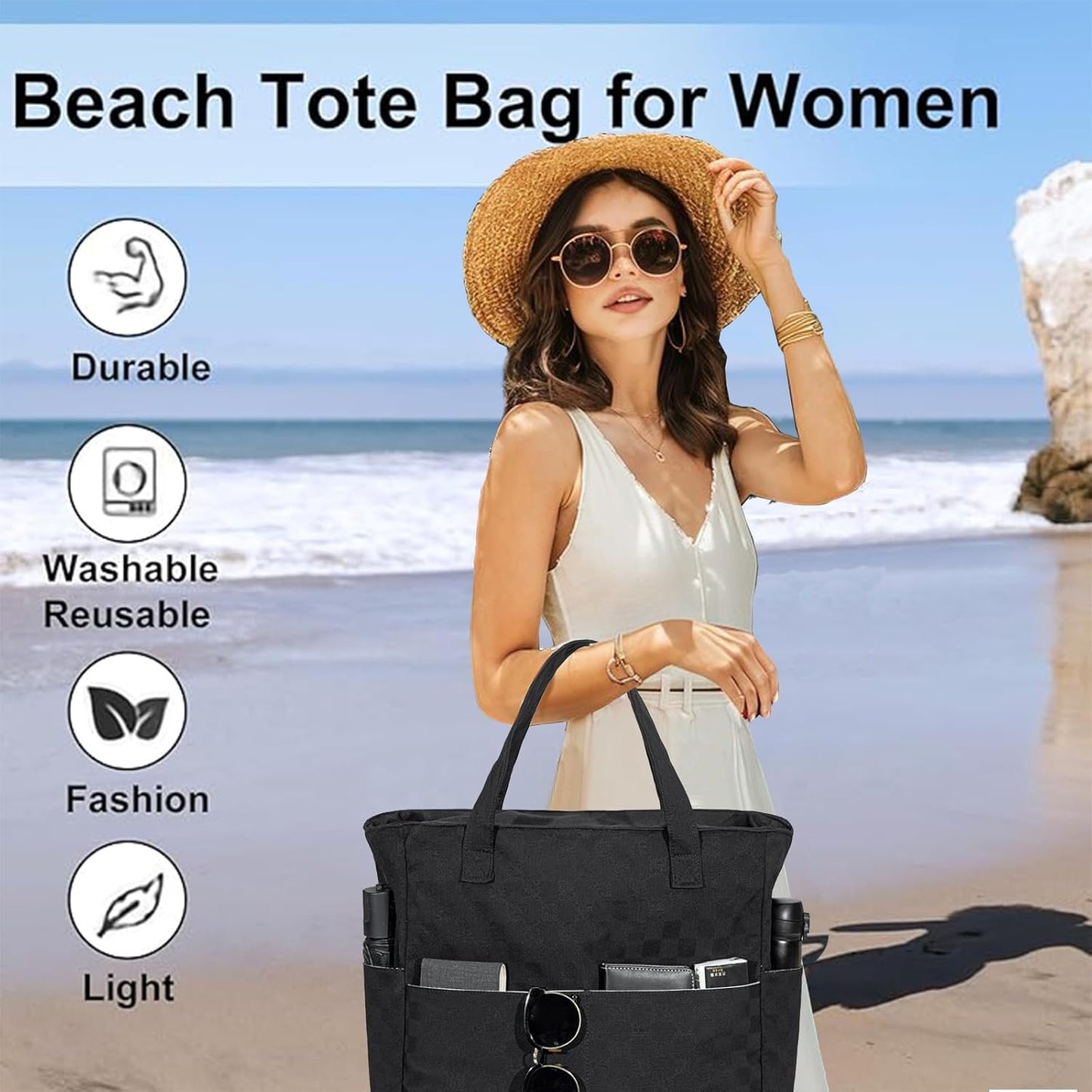 LEDAOU Beach Bag Waterproof Sandproof Women Tote Bag Pool Bag with Zipper for Gym Grocery Travel with Wet Pocket