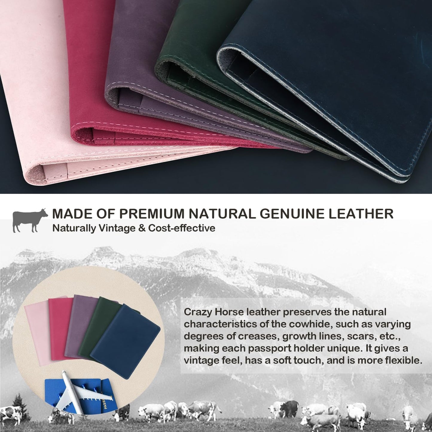 Real Leather Passport Holder for Women Men Travel, Handmade Passport Wallet, Passport Cover Case, Travel Must Haves Travel Essentials Accessories Birthday Gifts (Crazy Horse, Rose Red)