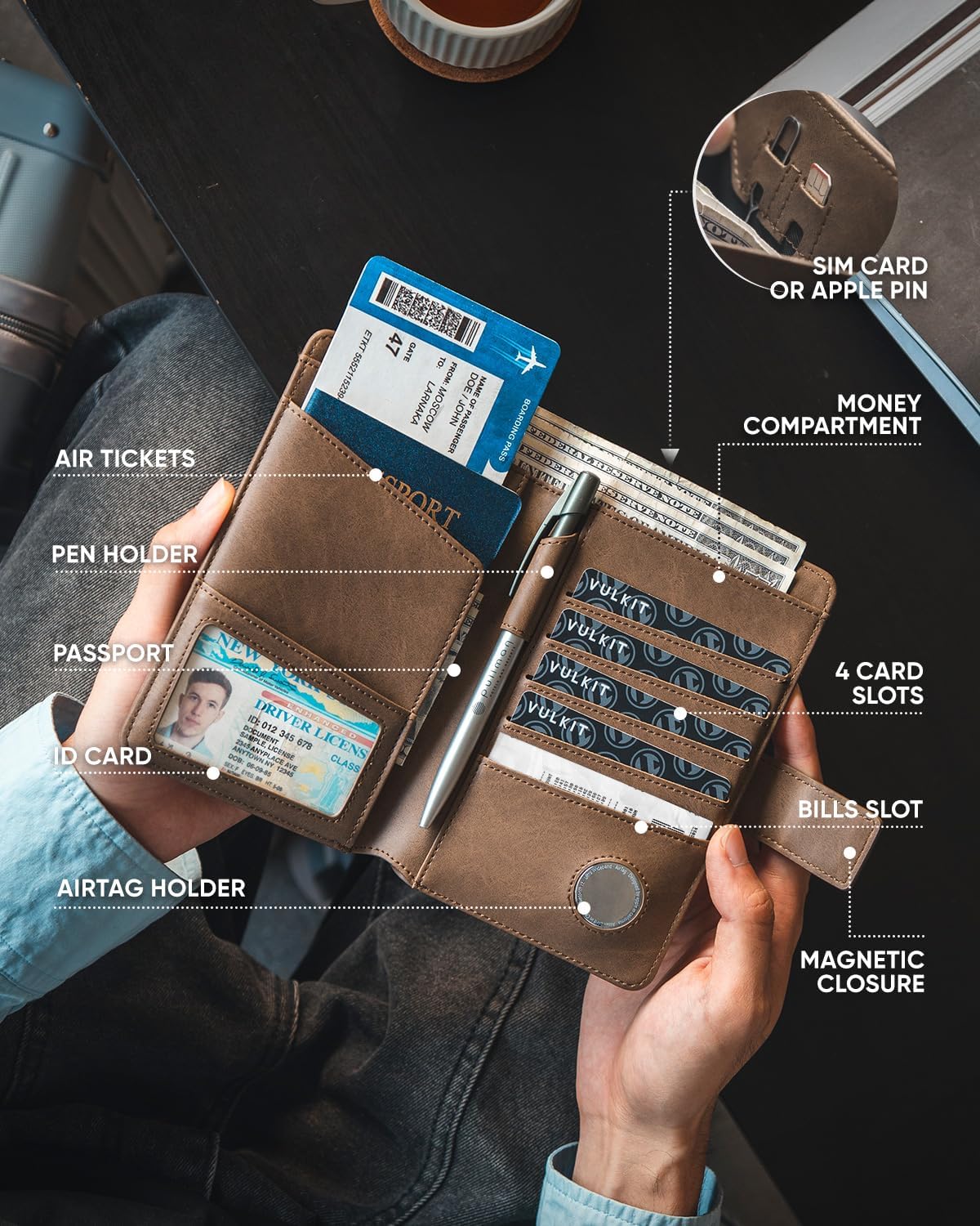 VULKIT Passport Holder with Airtag Holder RFID Blocking Passport Wallet Travel Leather Passport for Women(Espresso)