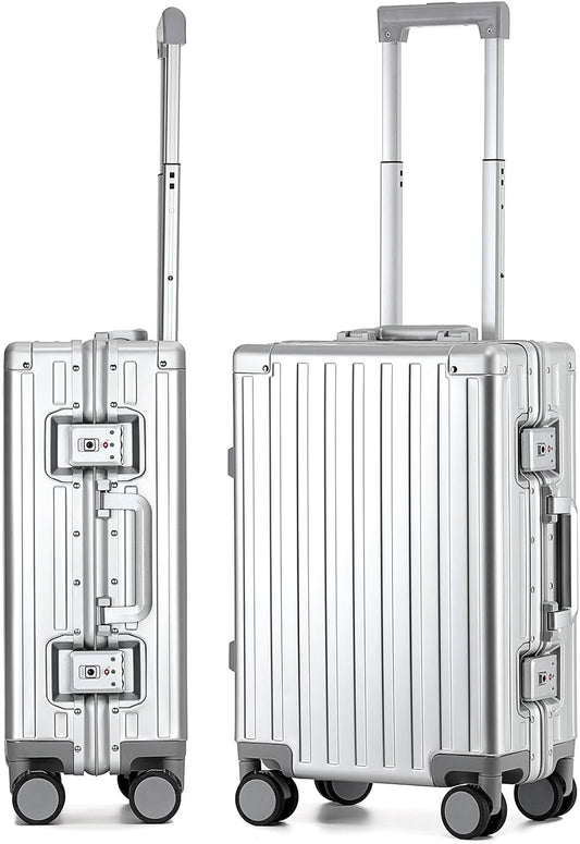 20 Inch All Aluminum Carry On Luggage 22x14x9 Airline Approved with Spinner Wheels,Hard Shell Zipperless Lightweight Small Suitcase with TSA Approved for Travel Business Women Men,Silver