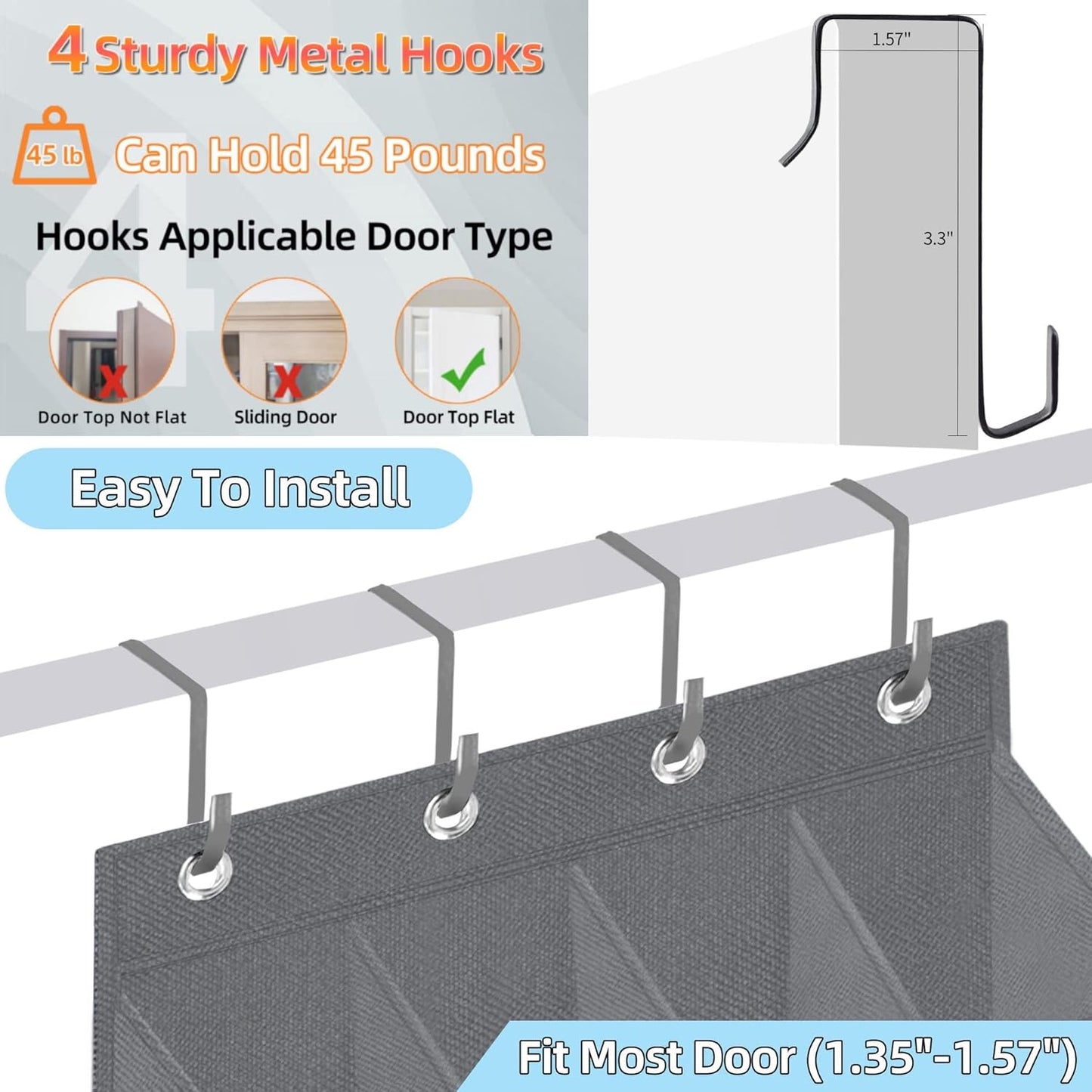Over The Door Shoe Organizer with Large Deep Pockets Hanging Multifunction Shoe Holder for Narrow Door Dorm Closet, Grey 16 Pockets