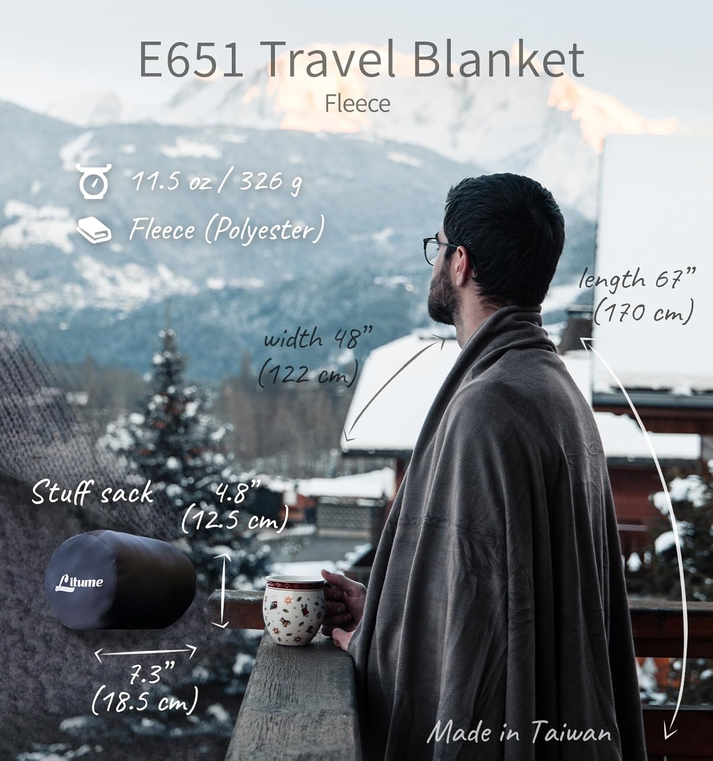 Travel Camping Blanket Lightweight and Breathable, 67 x 48 in Soft Airplane Flight Blanket for Travelers, Foldable Sheet with Stuff Sack for Train, Camp, backapcking, Office, Home (E651 Grey)