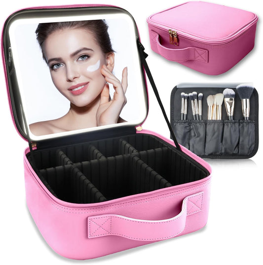 Makeup Bag with Led Mirror,Travel Makeup Organizer with 3 Color Setting, Portable Storage and Adjustable Dividers Travel Makeup Bag(Dark Pink)
