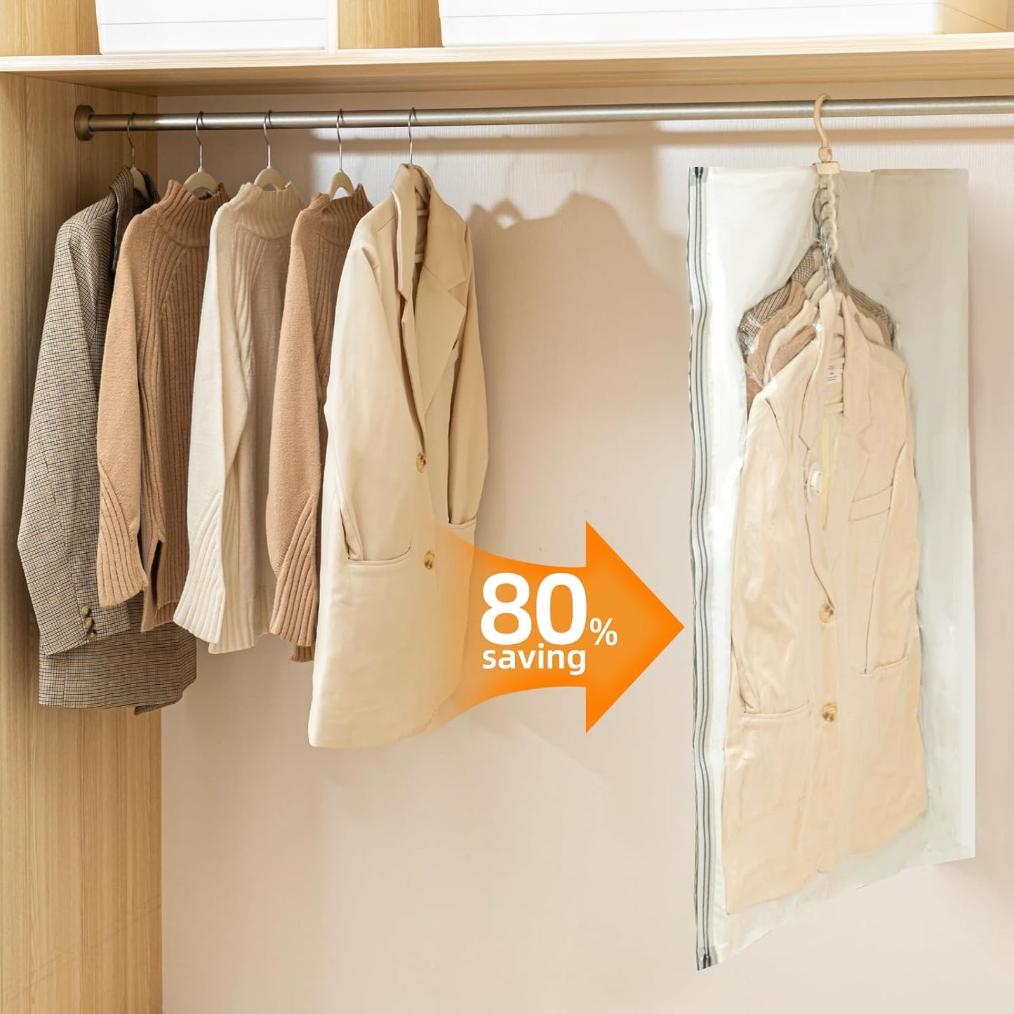 Hanging Vacuum Storage Bags with Electric Pump – 6 Pack (3 Long, 3 Short) Hanging Vacuum Seal Bags for Clothing, Space-Saving Compression Bags for Suits, Jackets, Travel Wear & Coats