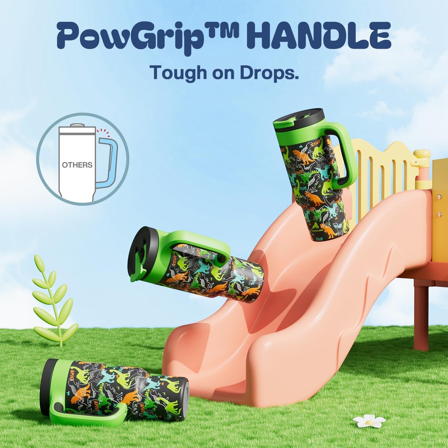 24 oz Kids Tumbler with Straw for Boys: Leakproof, Cold for 26 Hrs, Hot for 10 Hrs, Durable Handle, Insulated Stainless Steel Cup for Daycare, School, Classroom, Playtime, Birthday, Gift (Dino Rawr）