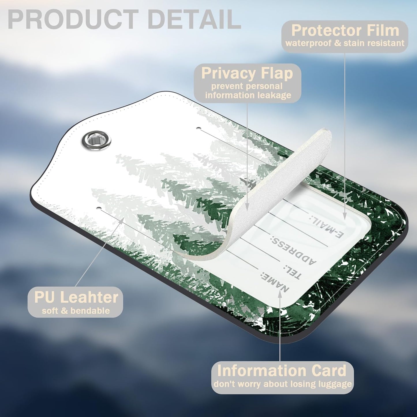 2 Pack Luggage Tags for Suitcases Watercolor Foggy Forest Leather Luggage Tags Privacy Cover ID Label with Stainless Steel Loop and Address Card for Women Men Travel Bag Backpack