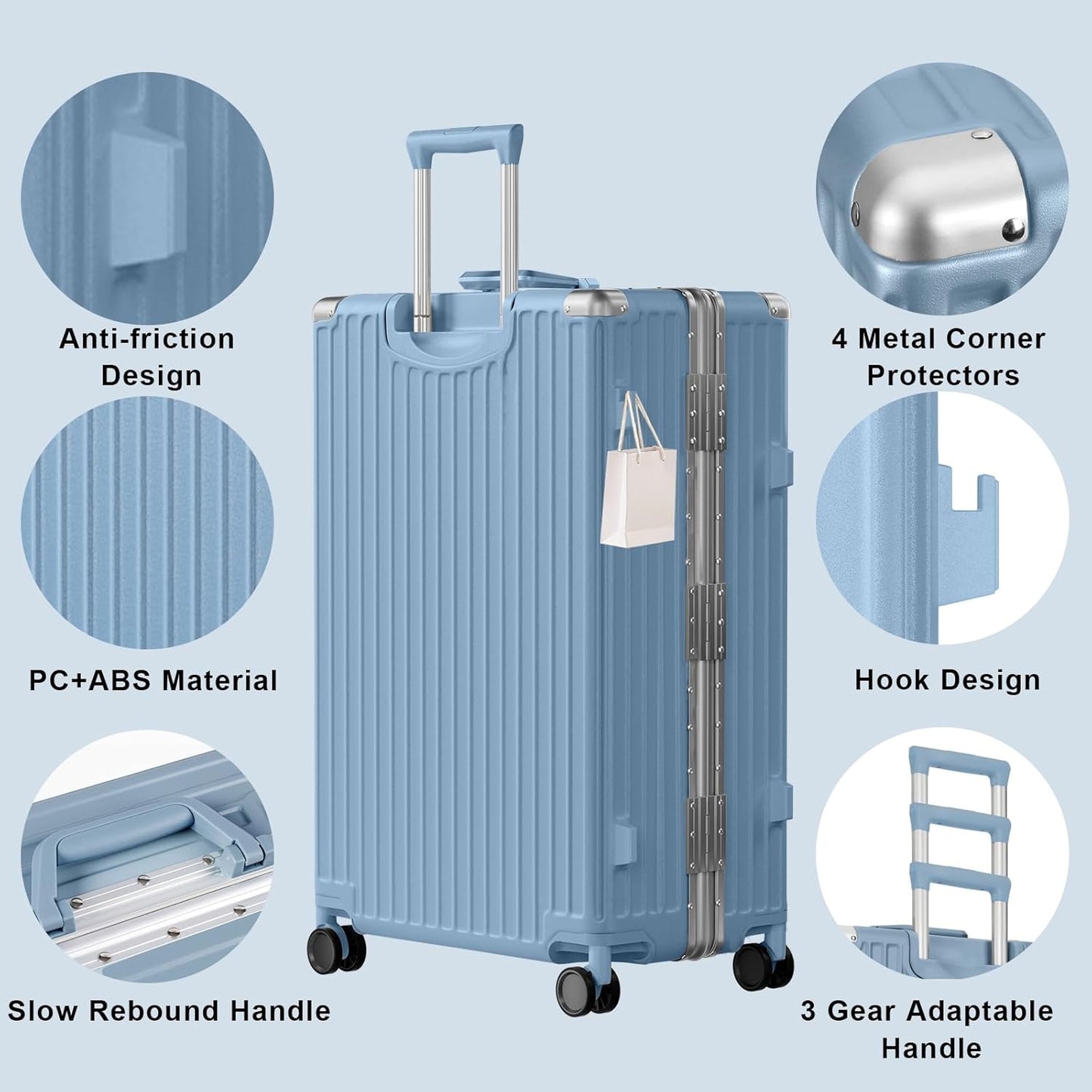 AnyZip Carry On Luggage PC+ABS Aluminum Frame Zipperless Luggage Hard Shell Suitcase with TSA Lock Double Spinner Wheels 20 Inch Haze Blue