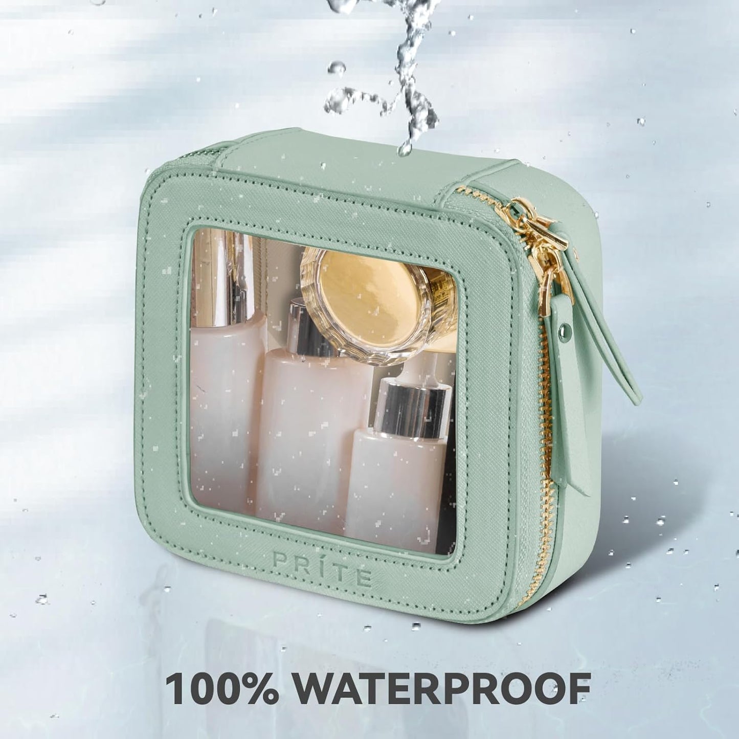 Prite Small Makeup Bag for Women Portable Clear Makeup Bag Cute Mini Waterproof Travel Cosmetic Bag with Gold Zipper for Car Essentials(Green)