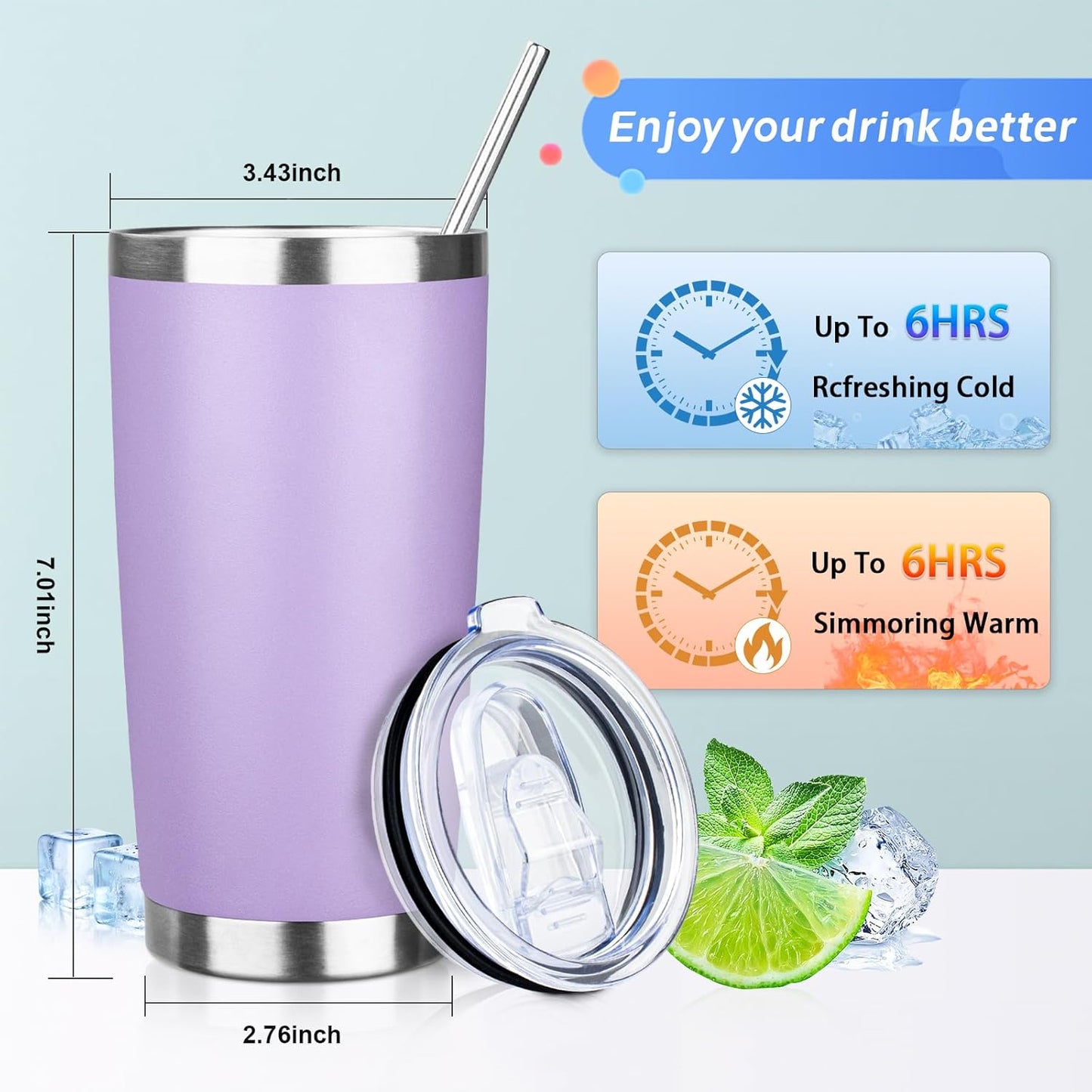 20oz Tumbler with Straw and Brush, Stainless Steel Vacuum Insulated tumbler, Double Wall Insulated Coffee Tumbler for Outdoor, Home, Travel,Office (Lilac,1pcs)