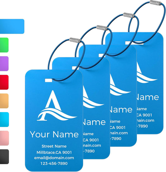 Personalized Luggage Tags, Custom Luggage Tags 4 Pack TSA Approved Double Sided Laser Engraving, Metal Luggage Tag for Suitcases with Stainless Loops, Name Tag for Bags, Backpacks (Blue)