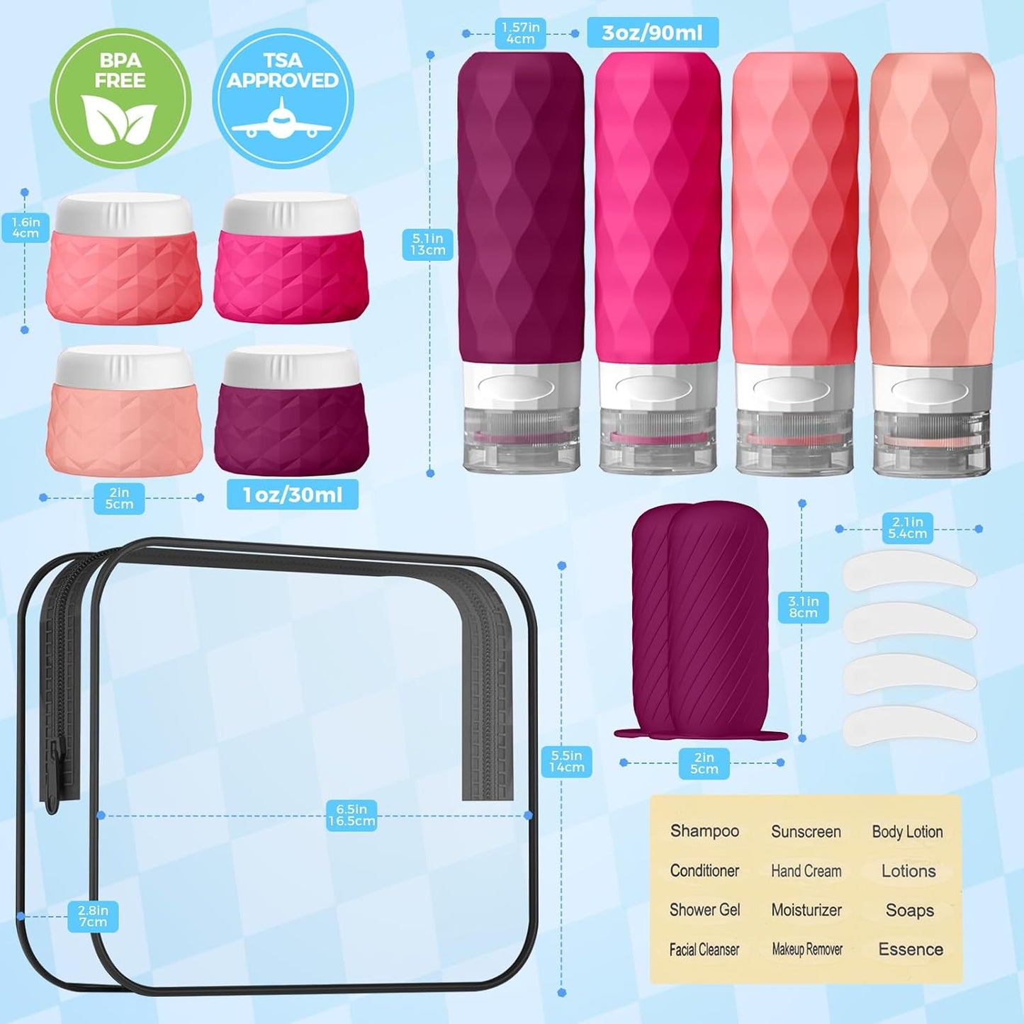 16Pack Travel Bottles for Toiletries, TSA Approved Travel Size Toiletries Containers Set, Silicone Leak Proof Refillable Bottles Elastic Sleeves Creams Jars Accessories Kit W/Clear Bag (Purplish Red)