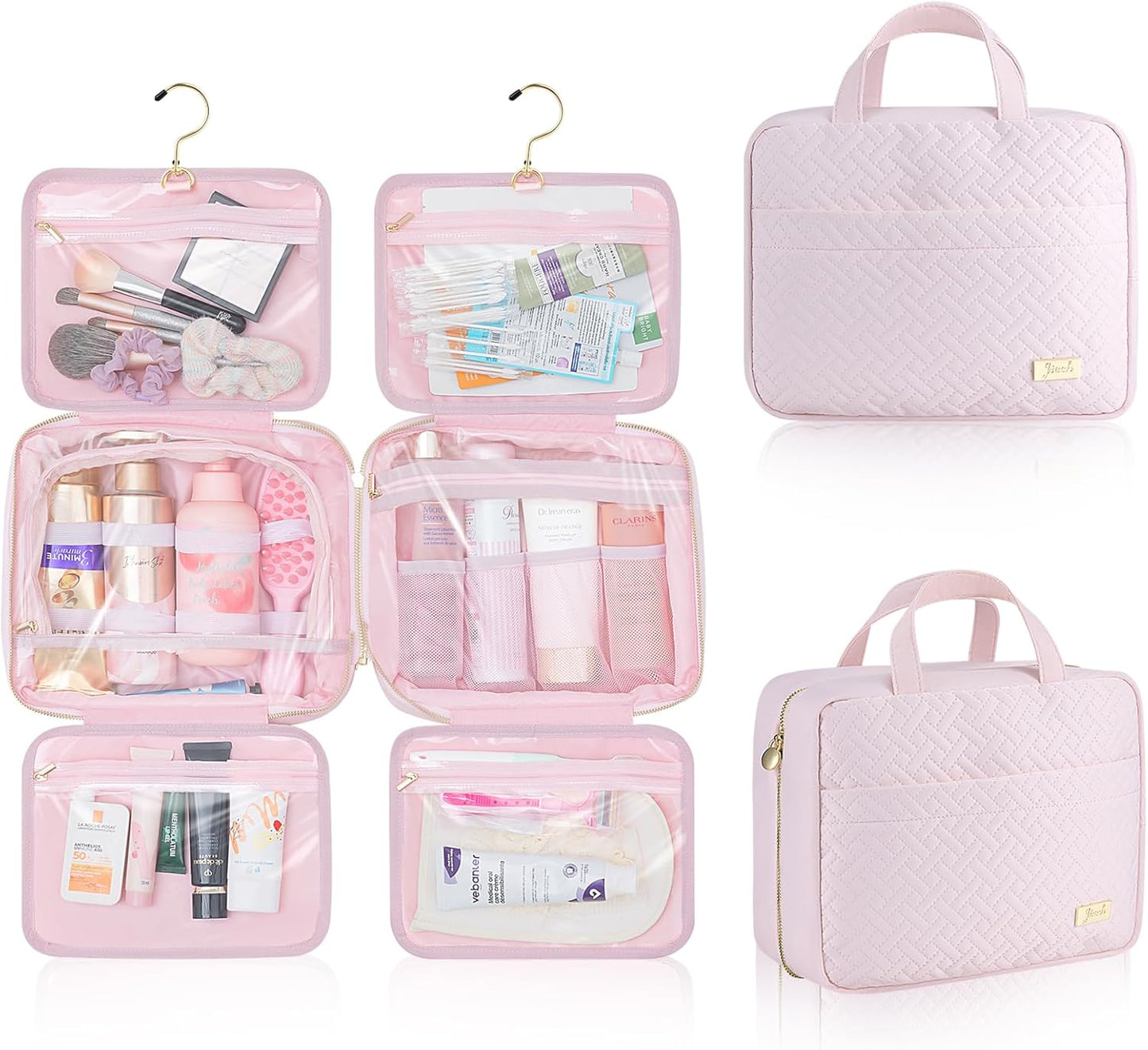 Hanging Travel Toiletry Bag for Women Detachable Toiletry Bag with 6 Compartments Large Makeup Bag Cosmetic Organizer for Bathroom Shower Business Trips Camping, Pink