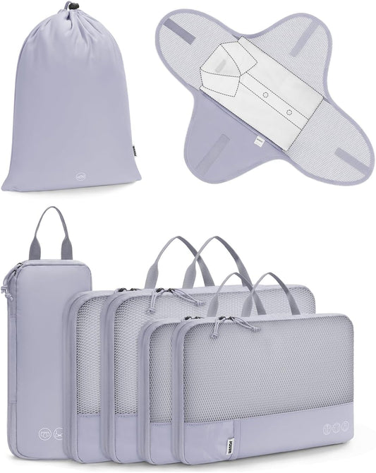 WANDF 7 Set Compression Packing Cubes for Travel, Shirt Folder for Wrinkle-Free, Suitcase Organizer Bags Set for Carry-On Checked Luggage Duffle Bag Women Men(Gray-blue)