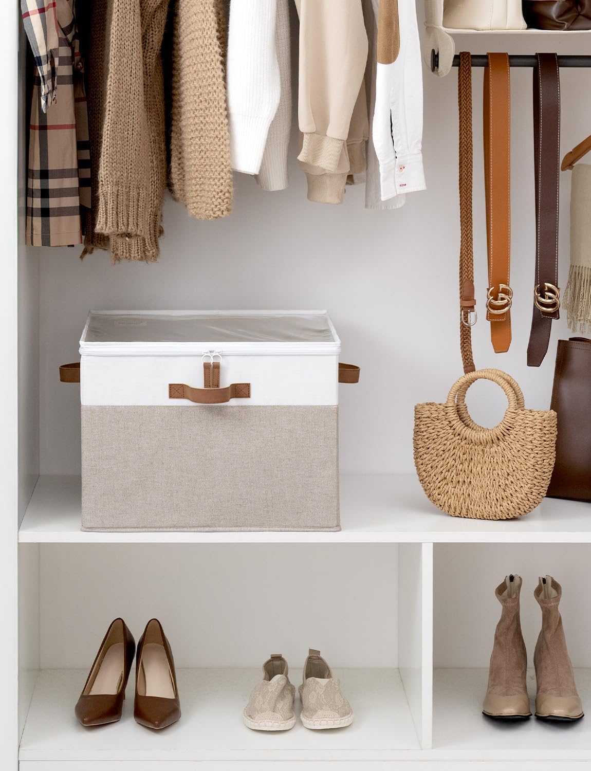 StorageWorks Shoe Organizer for Closet, Fits up to 16 Pairs, Shoe Cubby Storage Containers with Adjustable Dividers and Clear Cover, Brown & White