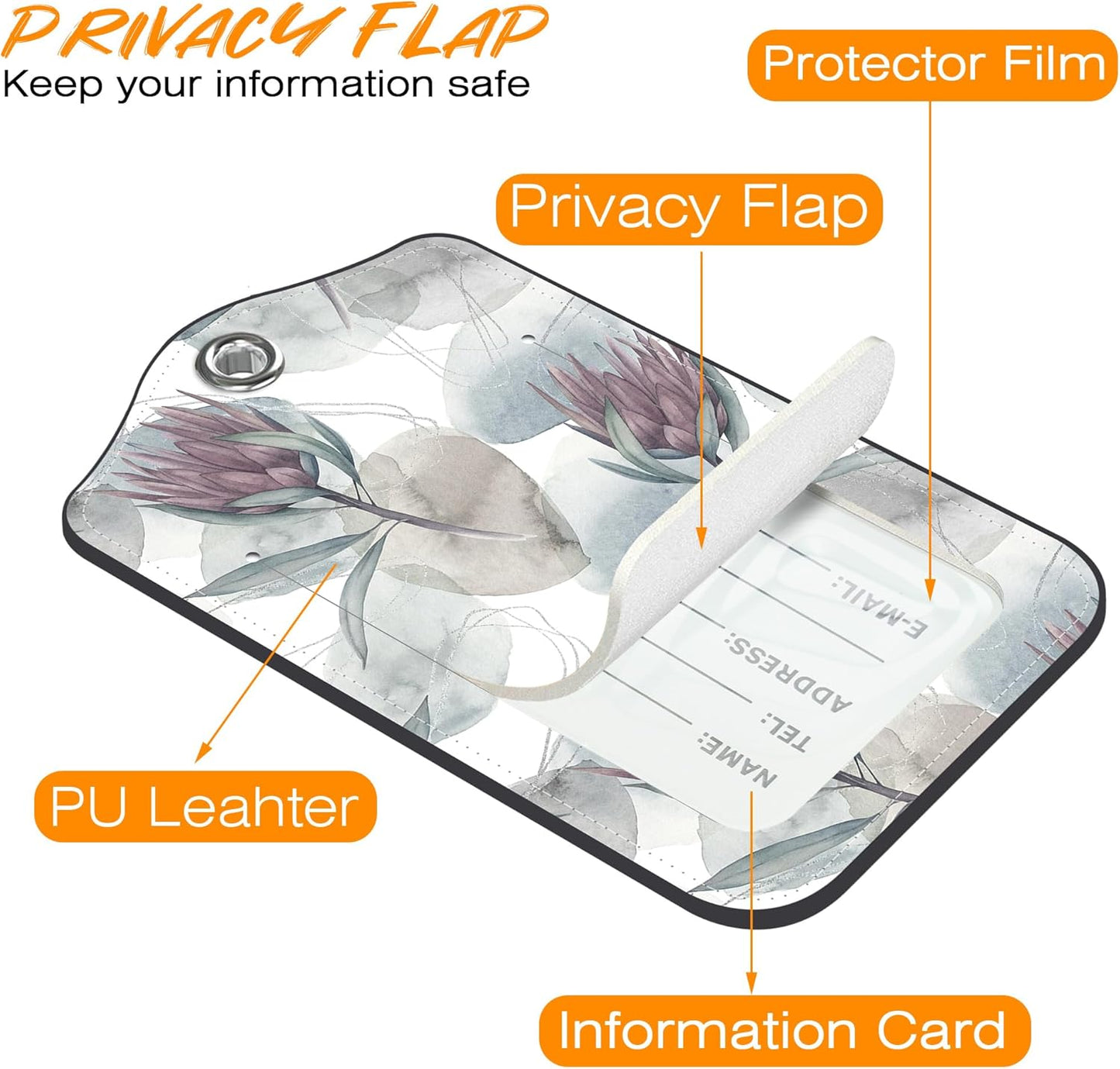 Luggage Tags for Suitcase Ink Flower 2 PCS Leather Travel Luggage Tag with Stainless Steel Loop Name ID Label Privacy Cover for Women Men Travel