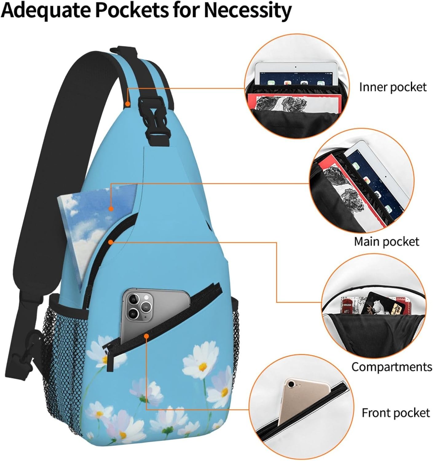 Sling Bag White Flower Blue Summer Hiking Daypack Crossbody Shoulder Backpack Travel Chest Pack for Men Women