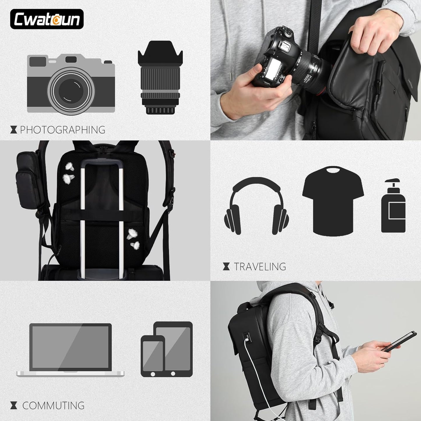 Cwatcun Camera Backpack Waterproof Camera Bag, Multi-Functional Travel Photography Bag Camera Case with 15.6" Laptop Compartment and Tripod Holder for Canon/Nikon/Sony SLR/DSLR/Mirrorless Camera
