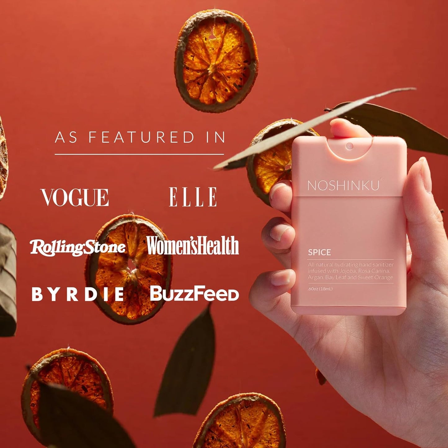 Noshinku - Refillable Hand Sanitizer Orange Coriander 3-Pack, Travel Size Spray, Hydrating Botanical Oils, Natural Ingredients, All Natural Fragrances, Sugarcane Derived Alcohol, No Parabens, No Dyes