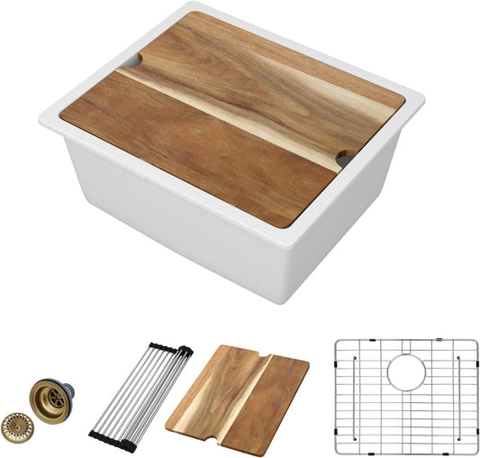 21 Inch White Granite Composite Bar Sink 21x18 Single Bowl Granite Composite Undermount Small Kitchen Sink Small Wet Bar Sinks with Workstation Quartz Natural Stone