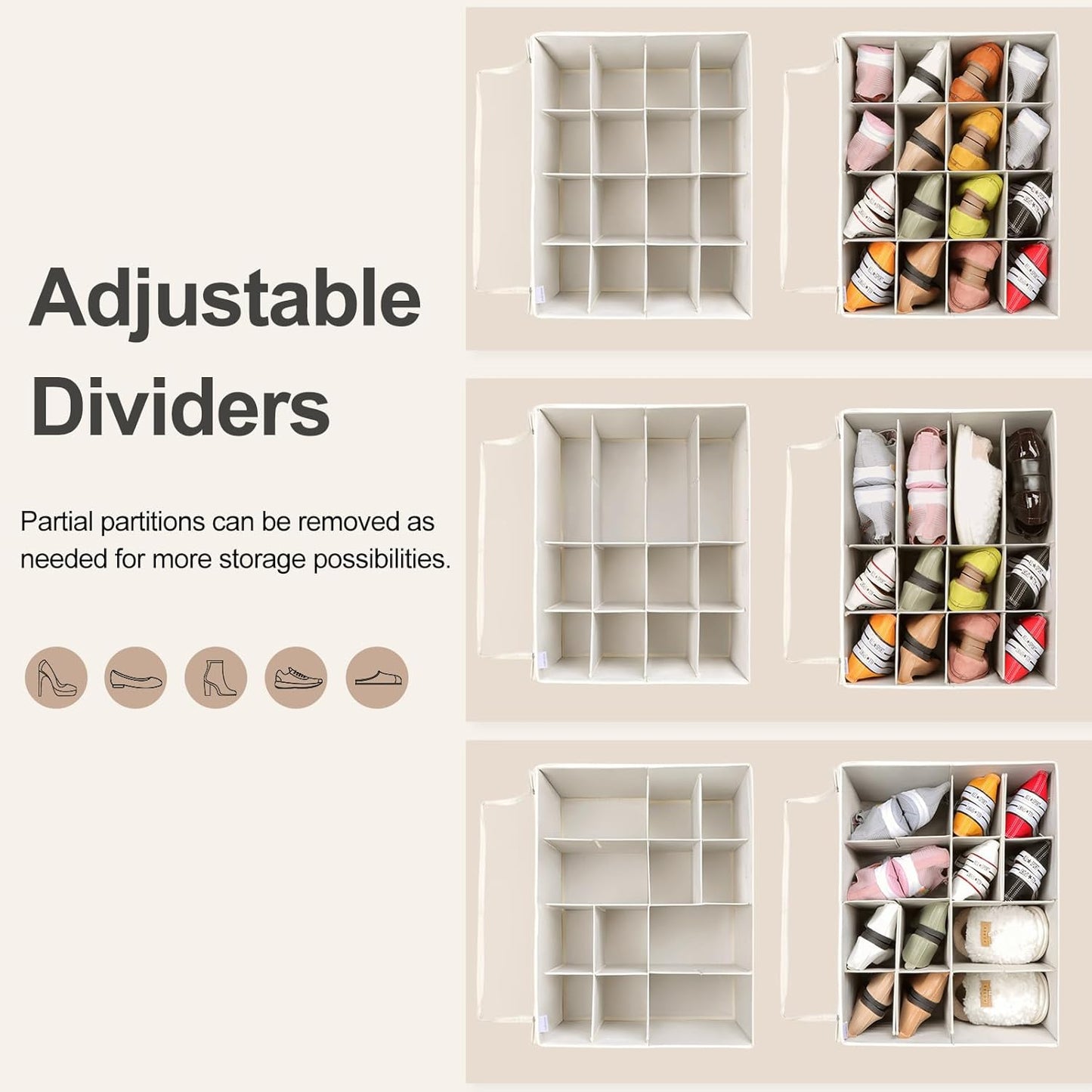 Shoe Organizer for Closet, Foldable Shoe Box with Adjustable Dividers and Clear Cover, Space Saving Shoe Storage Organizer Cabinet with Reinforced Handles, Fits 16 Pairs, Beige TP09Y