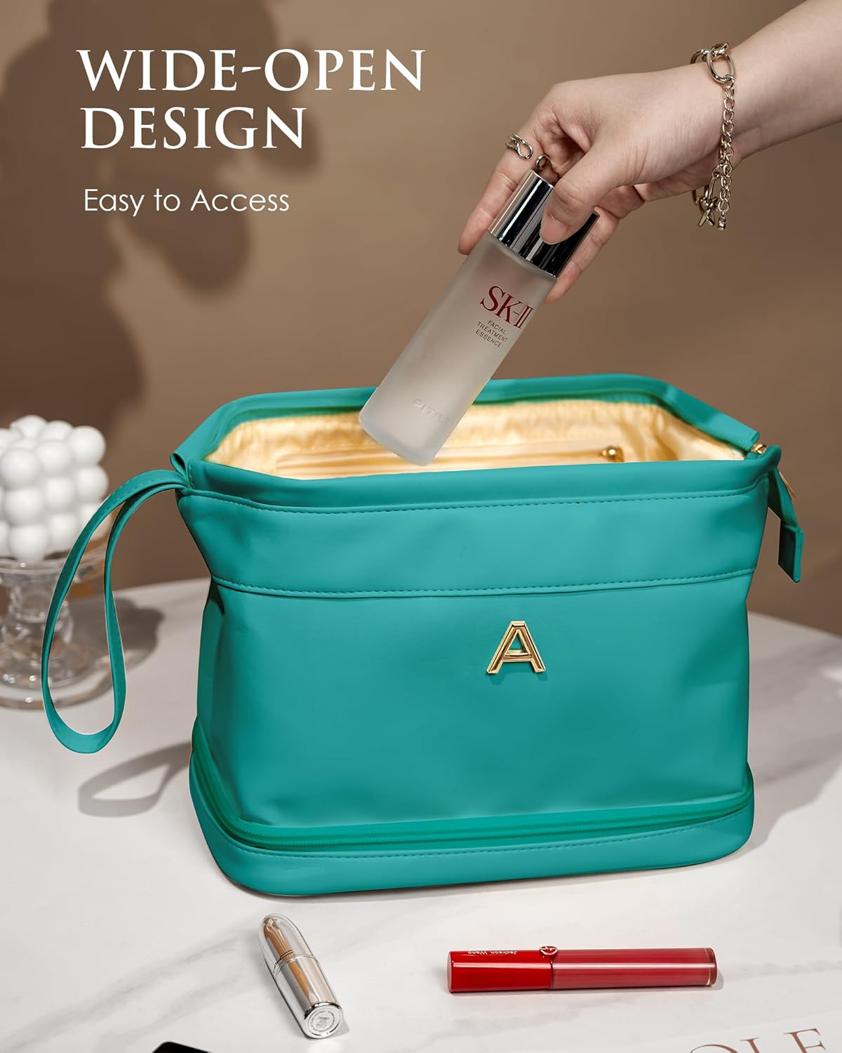 Teenage Gifts for Girls, Birthday Gift for Her, Makeup Bags, Waterproof Double Layer Cosmetic Bag, Large Capacity PU Leather Makeup Bags Letter Travel Toiletry Bag, Initial Gift for Coworkers