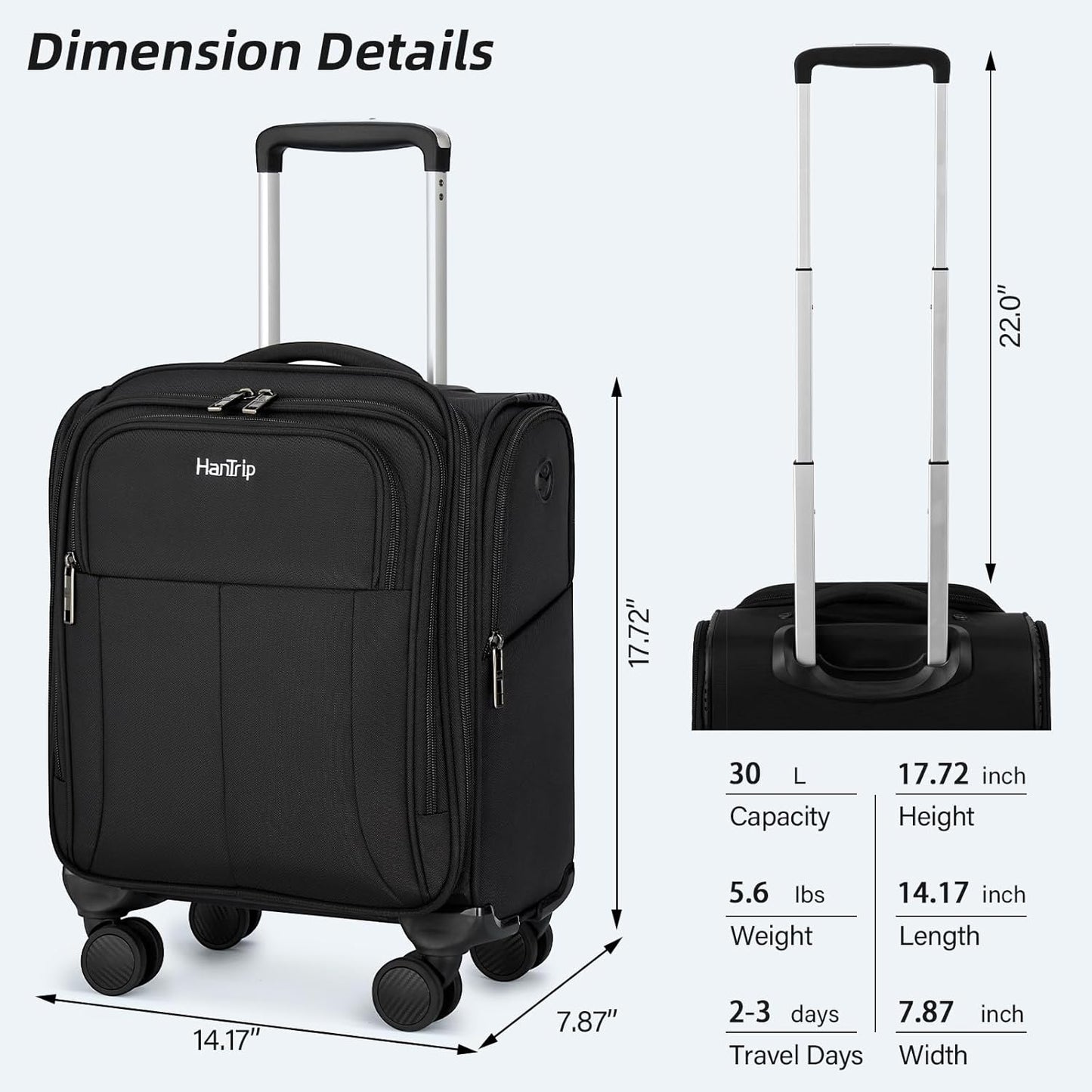 16 Inch Underseat Carry On Luggage with Wheels Softside Small Suitcases Personal Item Bag with Pocket Travel Luggage for Men Women Business Overnight Bag(Black)