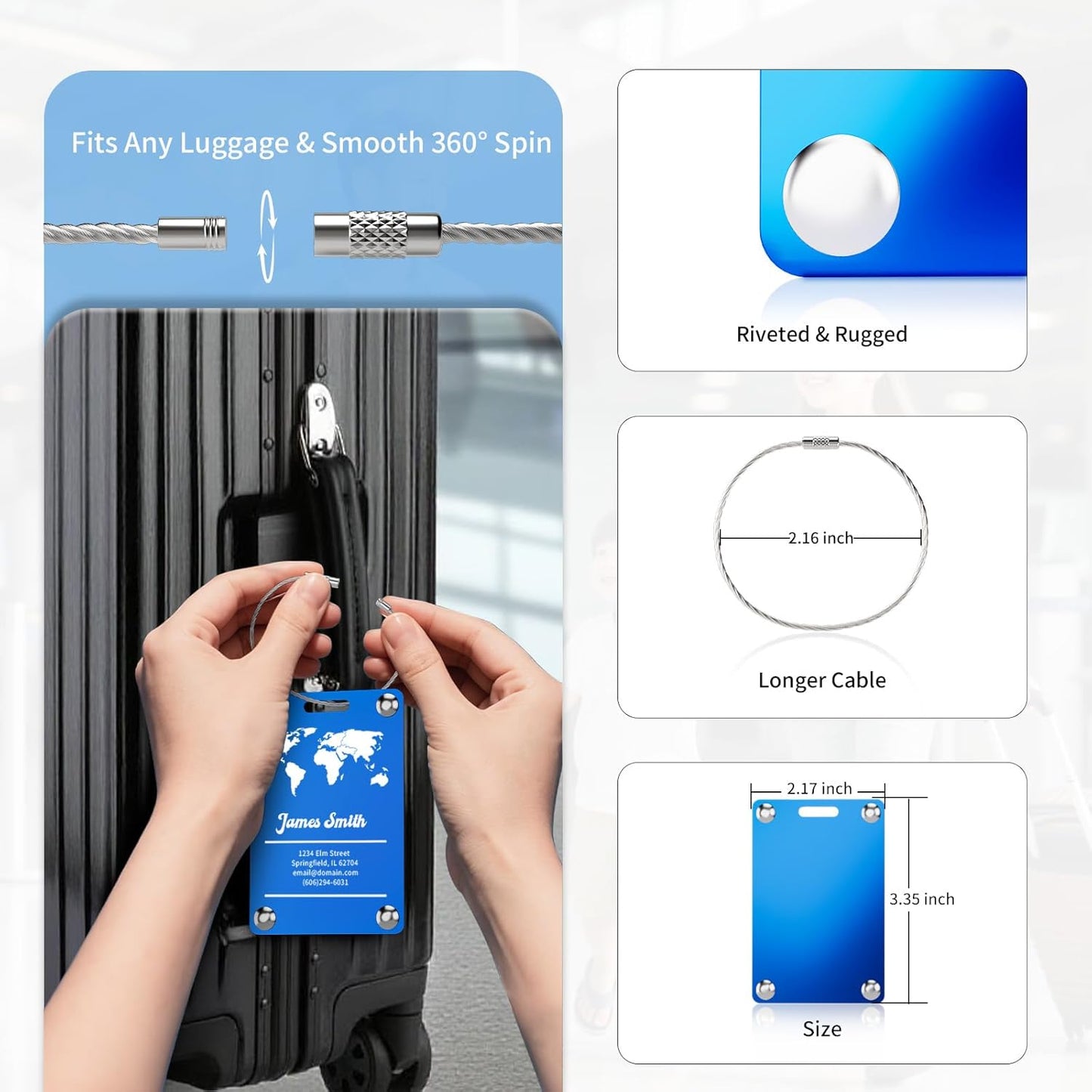 4 Pack Personalized Luggage Tags for Suitcases, Handmade Engraved Stainless Steel Custom Luggage Tags for Cruise Travel with Stainless Loop, Suitcase Identifier Metal Name Baggage Tag