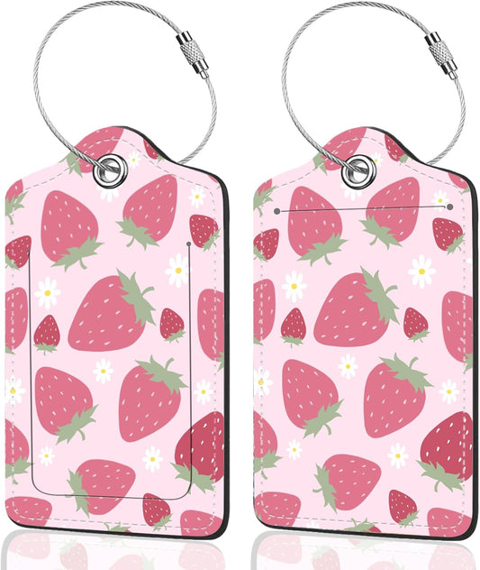 2Pack Luggage Tags for Suitcases, Cute Unique Pu Leather Cruise Luggage Tag with Privacy Cover ID Label Address Card and Metal Ring Suitable for Women Men Kids Travel Bag Pink Strawberry