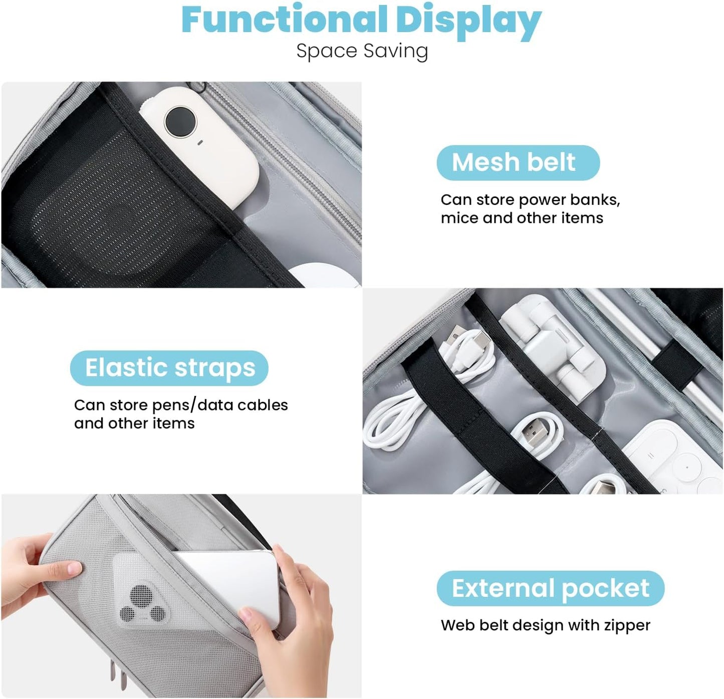 Electronics Organizer Bag, Portable Cable Organizer Case Travel Electronic Accessories Storage Case - Travel storage bag for Cables, Chargers, Phone, SD Cards - Grey