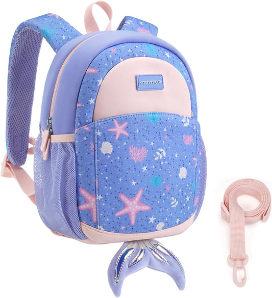 mommore Toddler Backpack for Girls 2-4 Neoprene Backpack with Kids Leash, 3D Cartoon Preschool Kindergarten Bookbag for Pre-k, Mermaid
