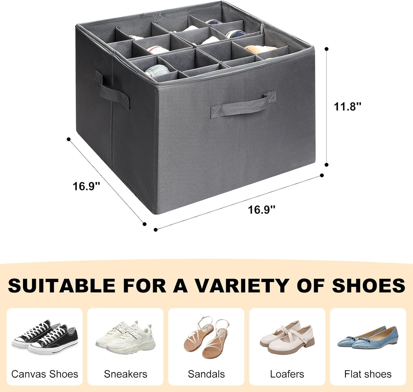 Shoe Organizer for Closet, Foldable Shoe Storage Bins with Clear Cover, Large Shoe Box Storage Container with Adjustabele Dividers, Fits up to 16 Pairs, Gray