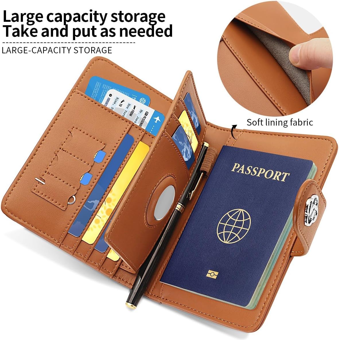 Passport Holder Wallet Bag with AirTag Holder, Card Slots Passport Solt Ticket Cash Solt, Photo Solt Sim Card Pen Slot.Brown