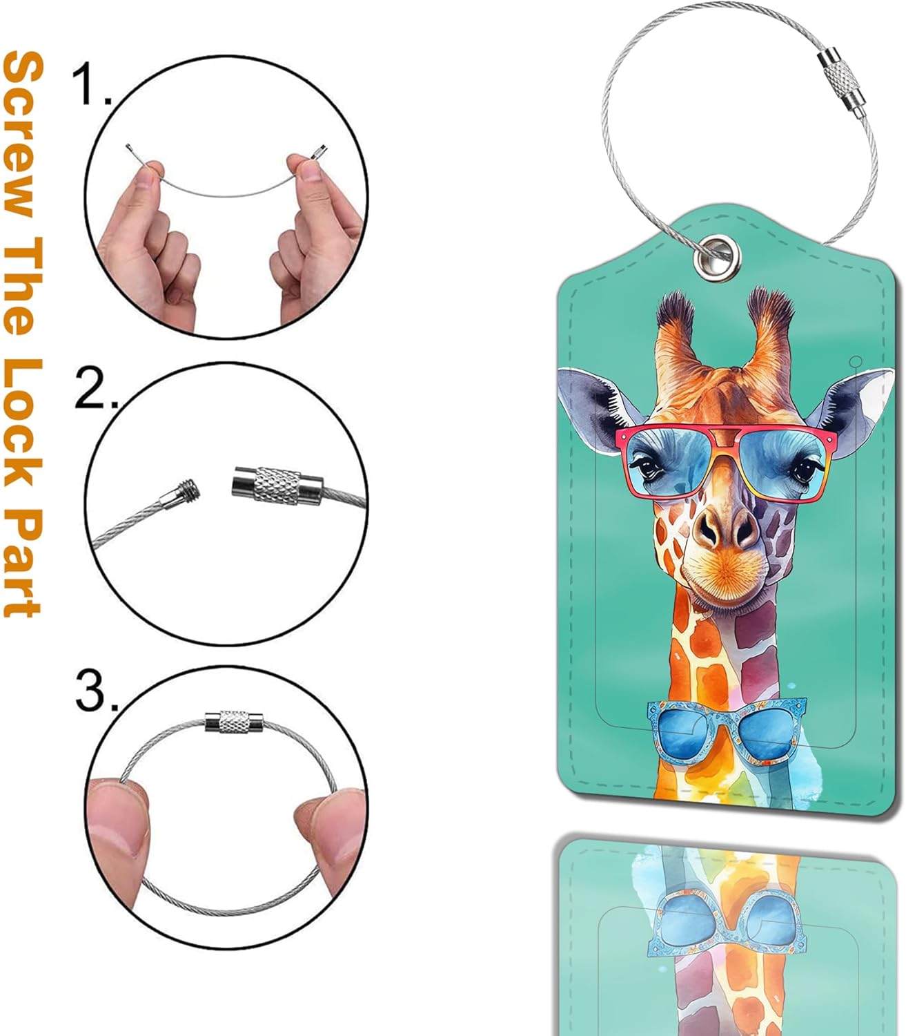 2 Pack Luggage Tag for Suitcase, Cute Unique Leather Bag Tags Identifiers Privacy Cover ID Label with Durable Steel Loop for Women Men Kids Girls Travel，GiraffeF