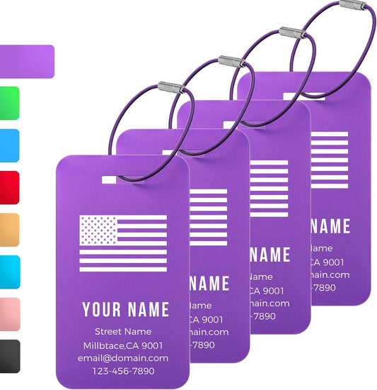 Personalized Luggage Tags, Custom Luggage Tags 4 Pack TSA Approved Double Sided Laser Engraving, Metal Luggage Tag for Suitcases with Stainless Loops, Name Tag for Bags, Backpacks (Purple)