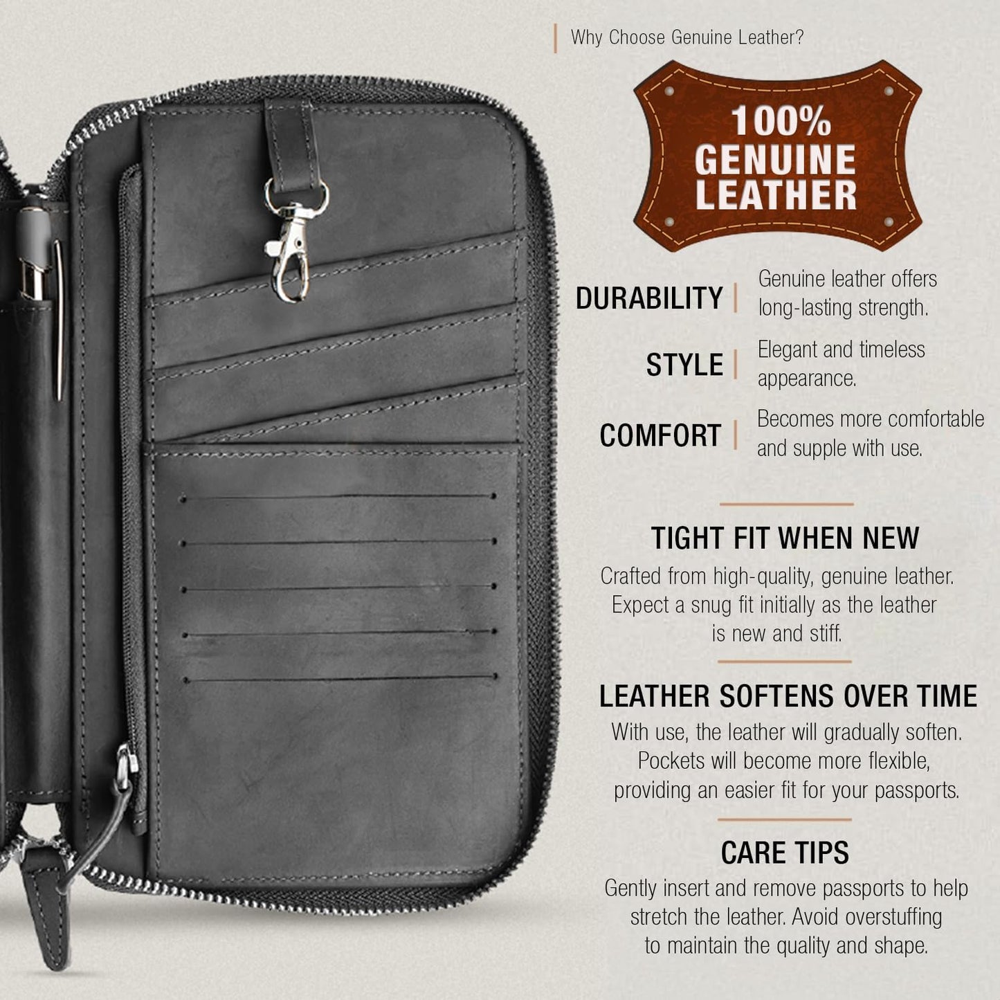 Leather Passport Holder for Family - RFID Blocking Travel Wallet for 6 Passports, Cards, Cash & More - Genuine Top Grain Leather Document Organizer with Wrist Strap, Key Ring & YKK Zipper - Midnight