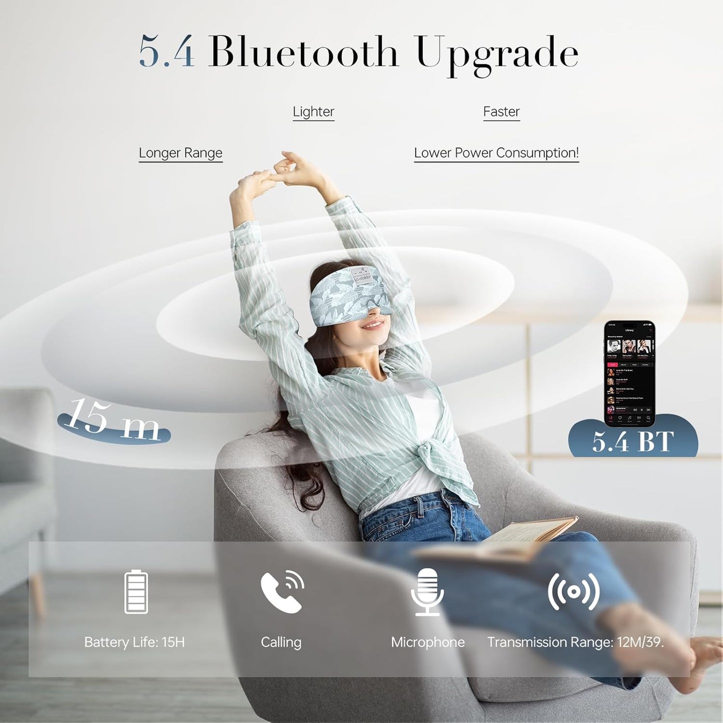 LC-dolida Sleep Mask with Bluetooth Headphones, Extra Large Silk Eye Mask for Sleeping Side Day Sleepers, Sleep Headphones Bluetooth 5.4 for Women Men with Thin Speaker, Blackout, Comfort, Microphone