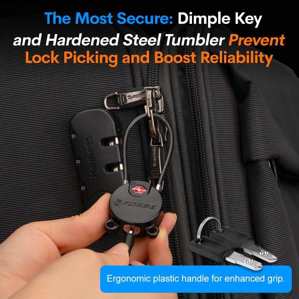 Forge TSA Approved Luggage Locks Ultra-Secure Dimple Key Travel Locks with Zinc Alloy Body- Black 4 Cable Locks