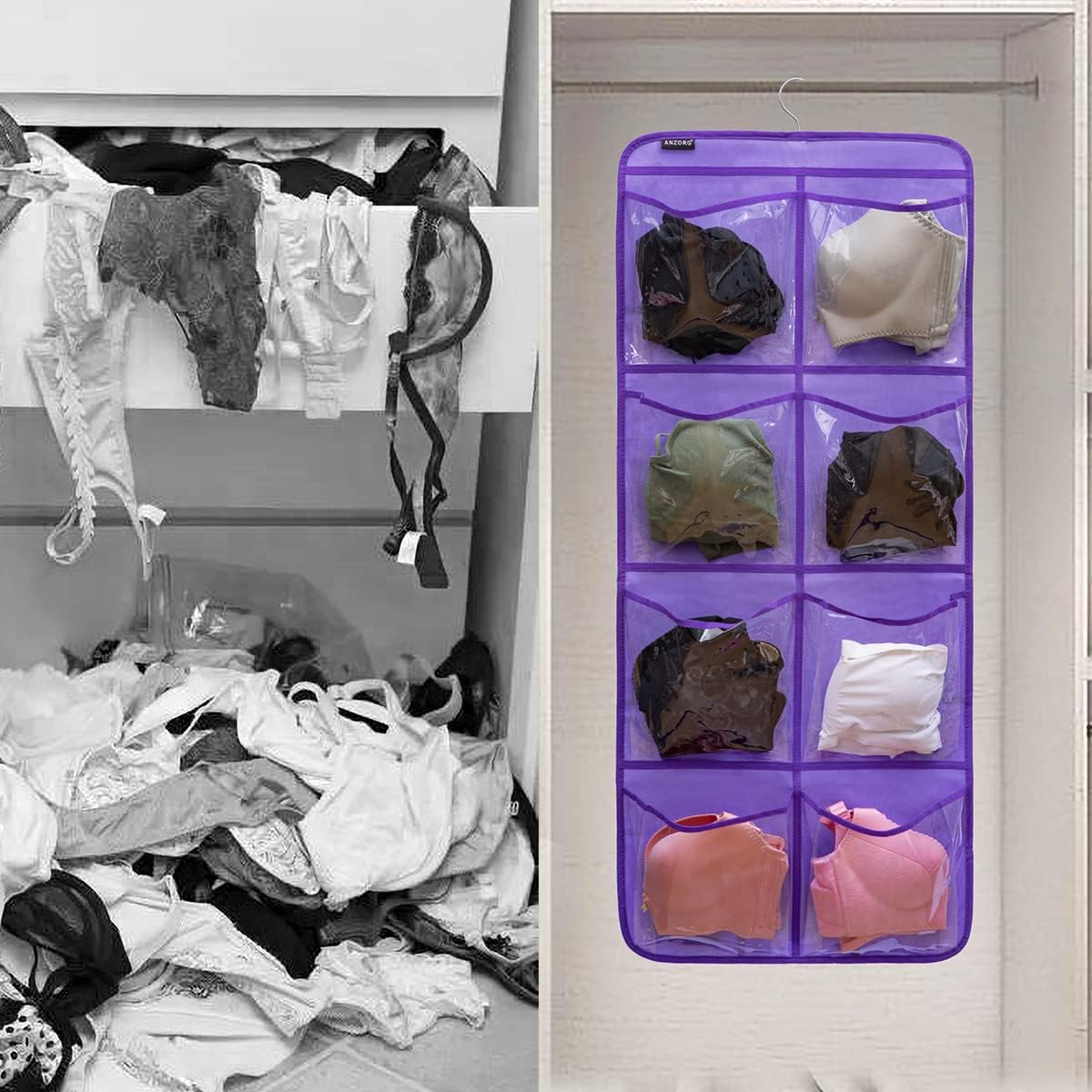 Dual-Sided Hanging Closet Organizer for Socks Underwear Bra Kids Storage Organizer for Baby Clothes Toddler Shoes with 26 Pockets (Purple-Clear Pockets)