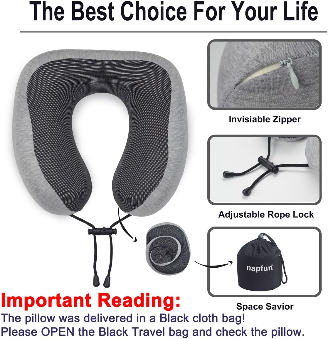 napfun Neck Pillow for Traveling, Travel Neck Pillow for Airplane 100% Pure Memory Foam Travel Pillow for Flight Headrest Sleep, Portable Plane Accessories, Light Grey Set