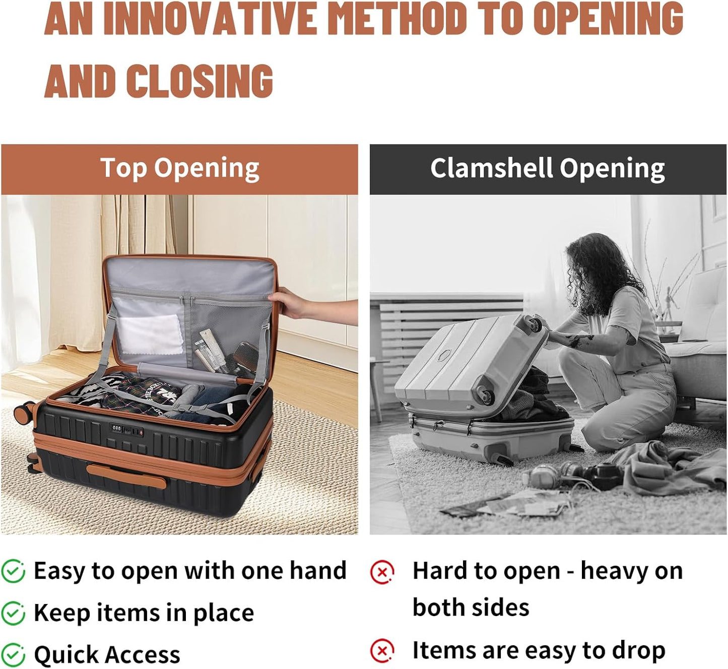 3-Piece 20/24 Top Opening Hardshell Lightweight Luggage and 28-Inch Clamshell Opening Suitcase with Spinner Wheels & TSA Locks, Black Brown, 20in/24in/28in