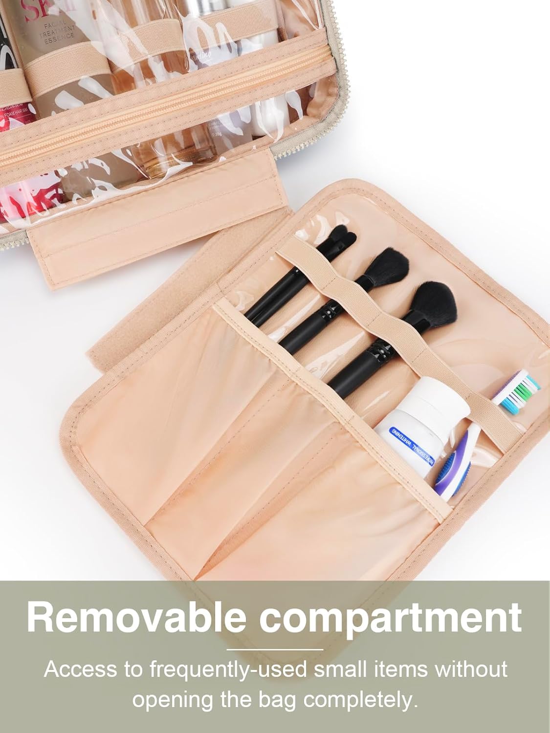 Women's Hanging Toiletry Bag, Waterproof Travel Cosmetic Organizer with Jewelry Storage, Large Capacity Makeup Case for Full-Size Skincare & Bathroom Essentials, Portable Cosmetic kit, Khaki