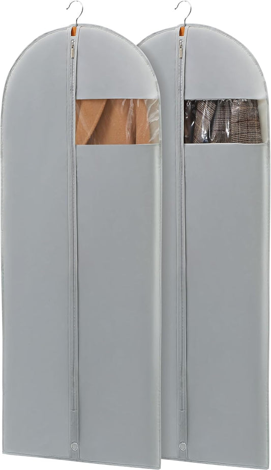 Dress Bags for Gowns, 65'' Long Garment Bags for Hanging Clothes, Dress Garment Bag, Grey Dress Cover with Clear Window for Dresses, Coats, Uniforms - 2 Pack