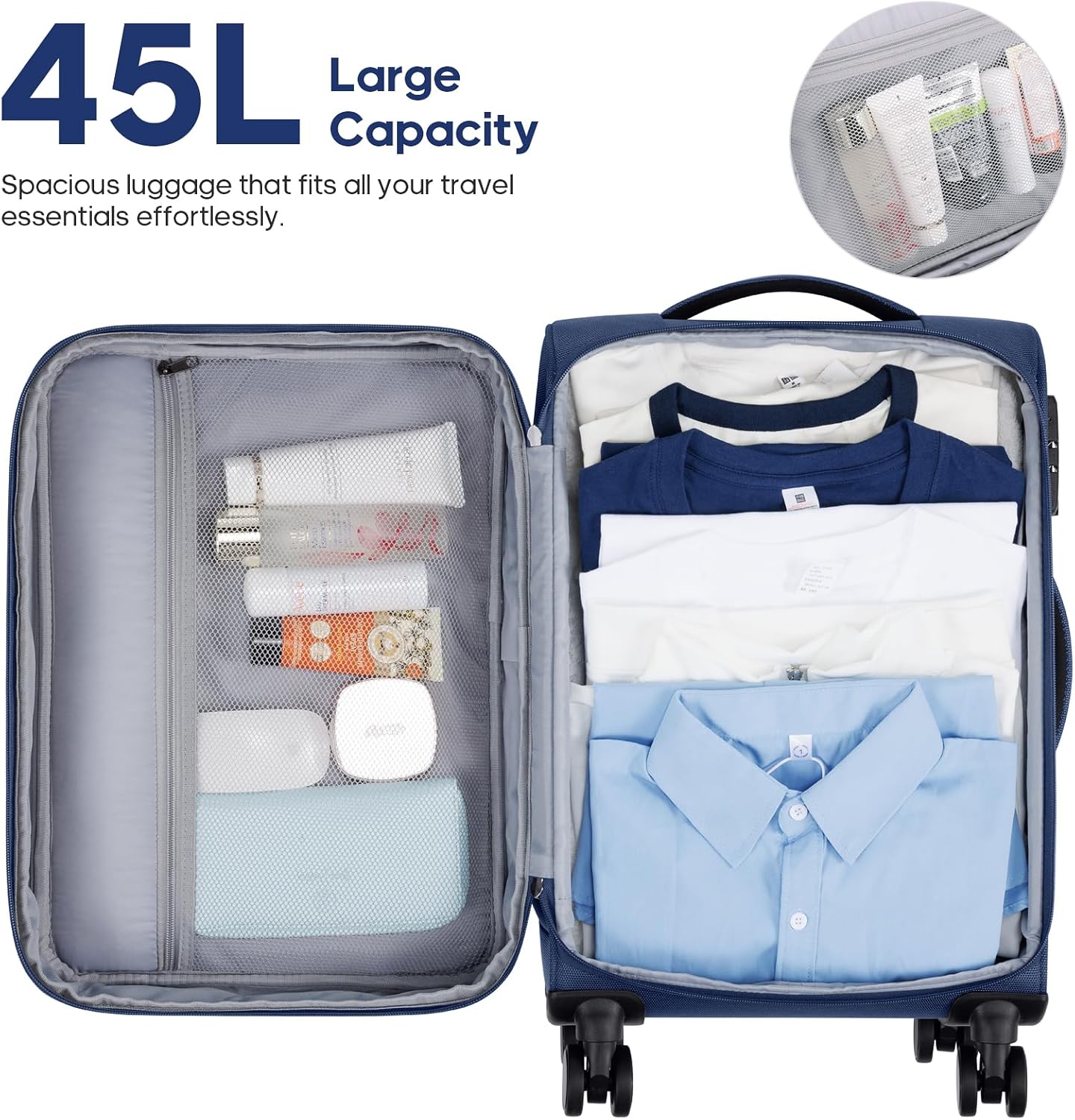 UKEIN Softside Expandable Carry On Luggage 22x14x9 Airline Approved, 20 Inch Carry On Suitcase with Wheels & TSA Lock, Travel Suitcase with 4-Piece Packing Bags for Women Men