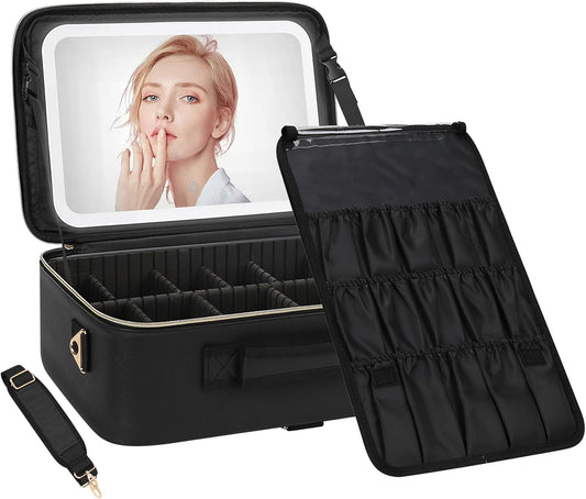 Chomeiu Makeup Bag with LED Mirror, Large Train Case for Makeup Artists, 16.2 inches Travel Professional Cosmetic Organizer with Light Up Mirror, 3 Color Lights, Brush Holder & Shoulder Strap (Black)