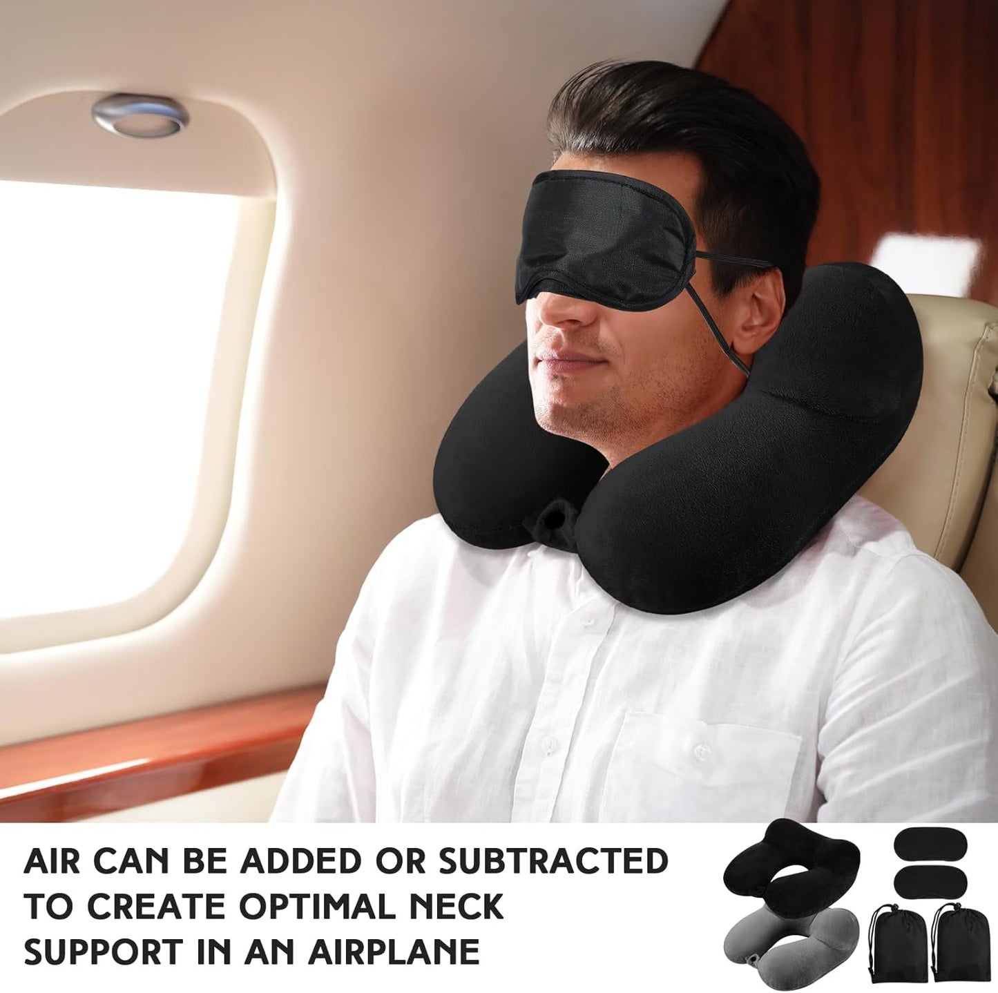 Sintuff 2 Pack Inflatable Travel Pillow for Airplanes Inflatable Neck Flight Pillows with Compact Bag and Blindfold for Traveling, Airplane, Train, Car, Office(Black and Dark Gray)