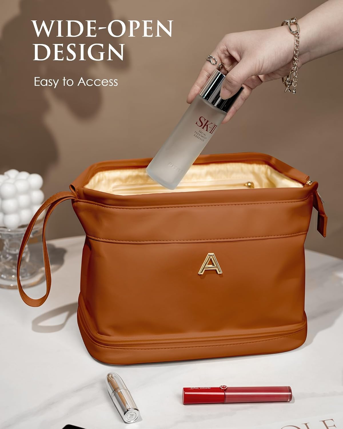 Cute Female Gift, Personalized Makeup Bag, Monogrammed Gifts, Initial Double Layer Cosmetic Bag with Makeup Brush Organizer, Travel Toiletry Bag, Gifts for Friends Female Mom, Teen Girl Gifts