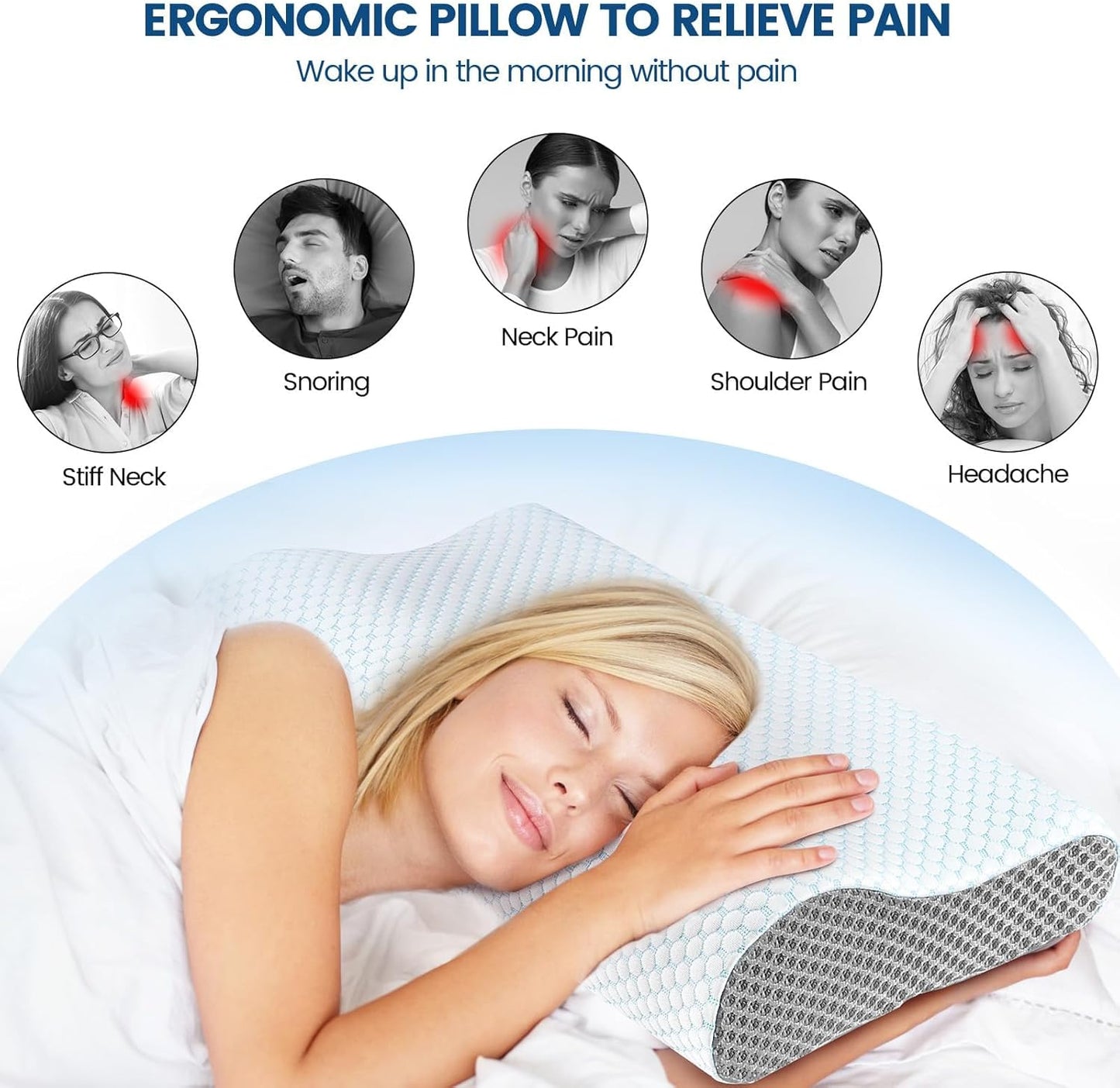 Memory Foam Pillows Neck Pillow Bed Pillow for Sleeping, Ergonomic Cervical Pillow for Neck and Shoulder Pain Relief,Orthopedic Contour Pillow for Side Back Stomach Sleeper(Blue&Grey)