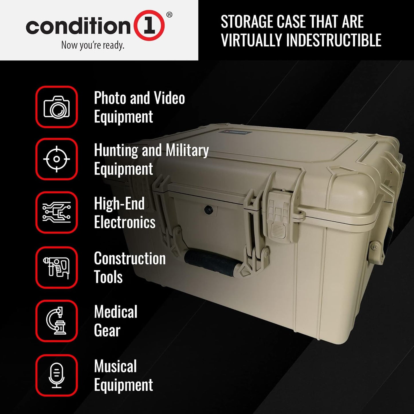 Condition 1 25" Large Heavy-Duty Protective Waterproof Hard, Case Model 024, Portable Storage Box with Customizable Foam, Camera, Tool, Hunting, Made in USA, 24.27"x19.40"x13.57" Tan