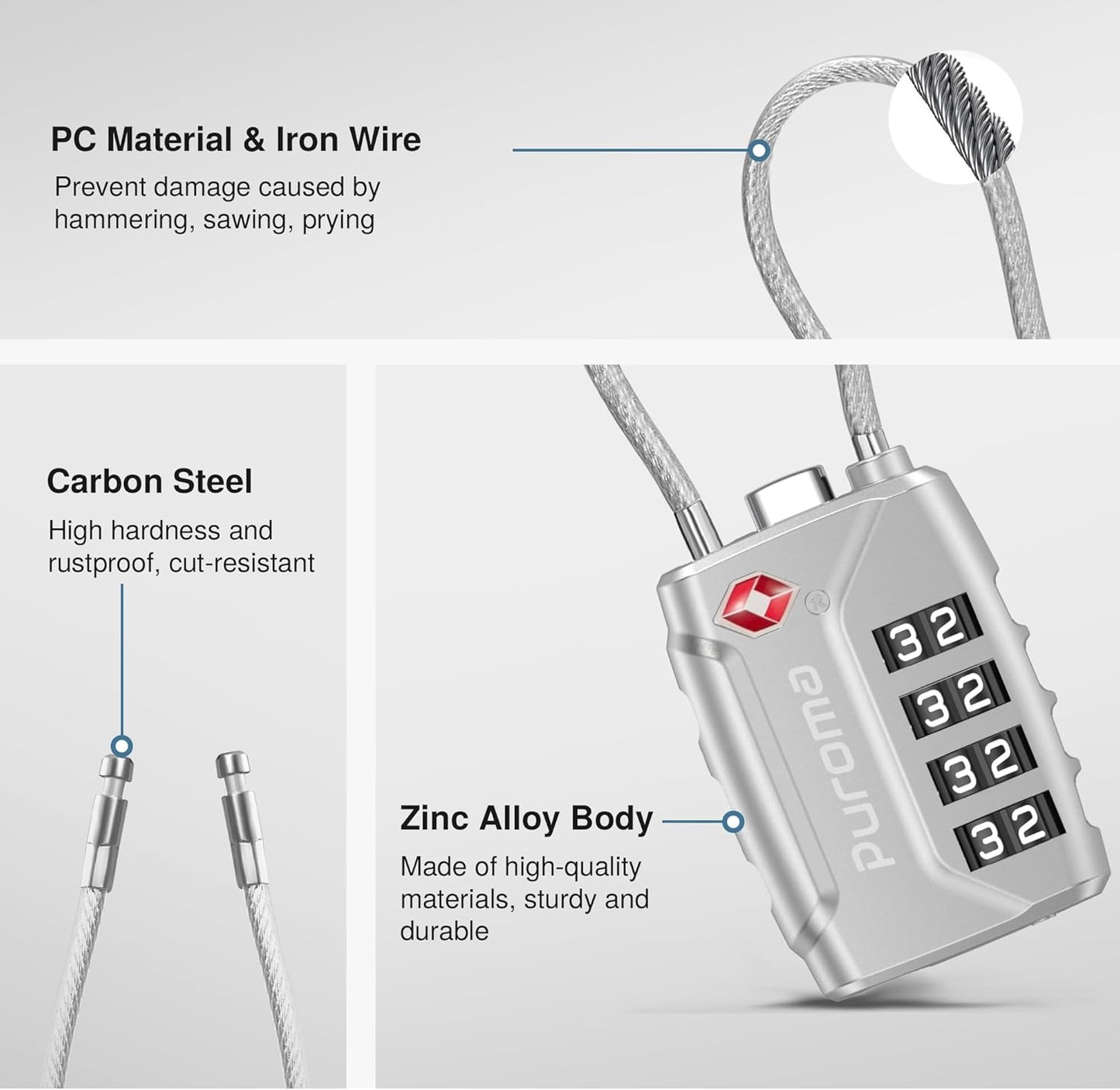 Puroma 2 Pack TSA Approved Luggage Lock, 4 Digit Combination Travel Locks Resettable Code Lock with Zinc Alloy Body for Suitcase, Toolbox, Backpack, Bag, Gym Locker (Silver)