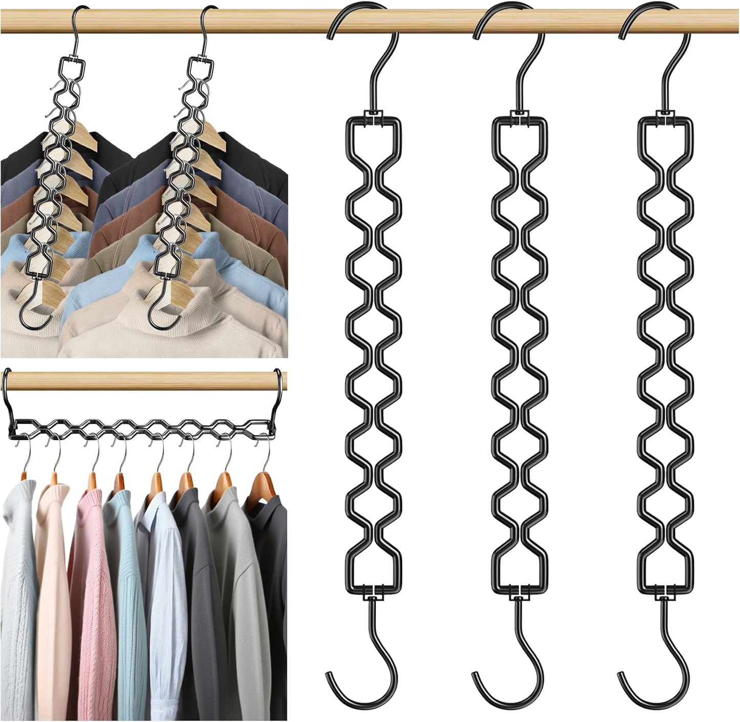 3 Pack Space Saving Hangers for Clothes, Heavy Duty 30Lbs Capacity Magic Clothes Space Saver Sturdy Metal Hanger Organizer with 360° Swivel Hook, Closet Organizers Storage Dorm Essentials Black